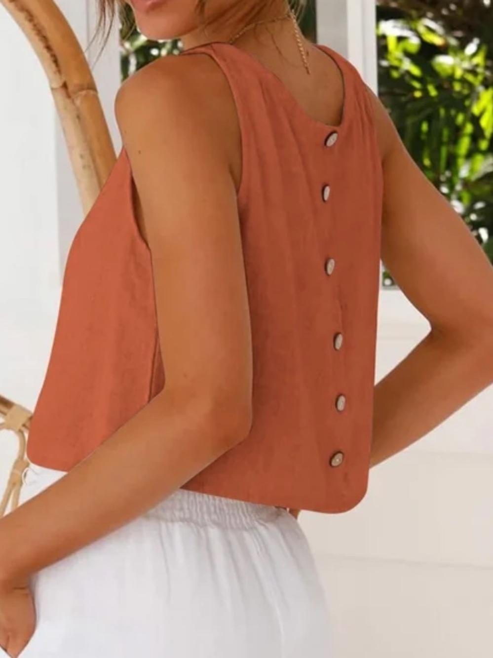 Terracotta Rust Linen Blend Button Down Crop Tank Top S